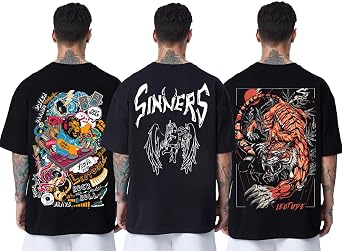 LEOTUDE Men's Cotton Oversized Fit Oversized Tshirt Drop Shoulder ful Printed Combos (Pack of 3)