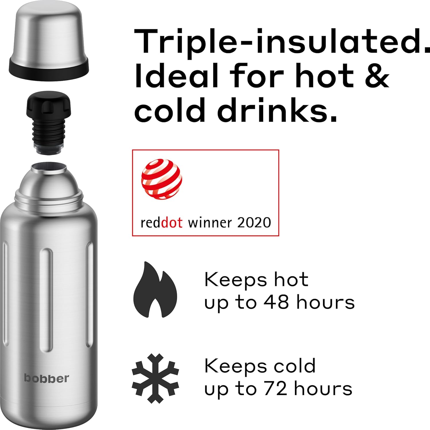 Bobber - 34 oz Vacuum Insulated Stainless Steel Water Bottle with Cup Lid - Dishwasher Safe - Keeps Drinks Hot for 48 Hours and Cold for 72 Hours - Double Walled Thermo Flask (Matte) - Image 2