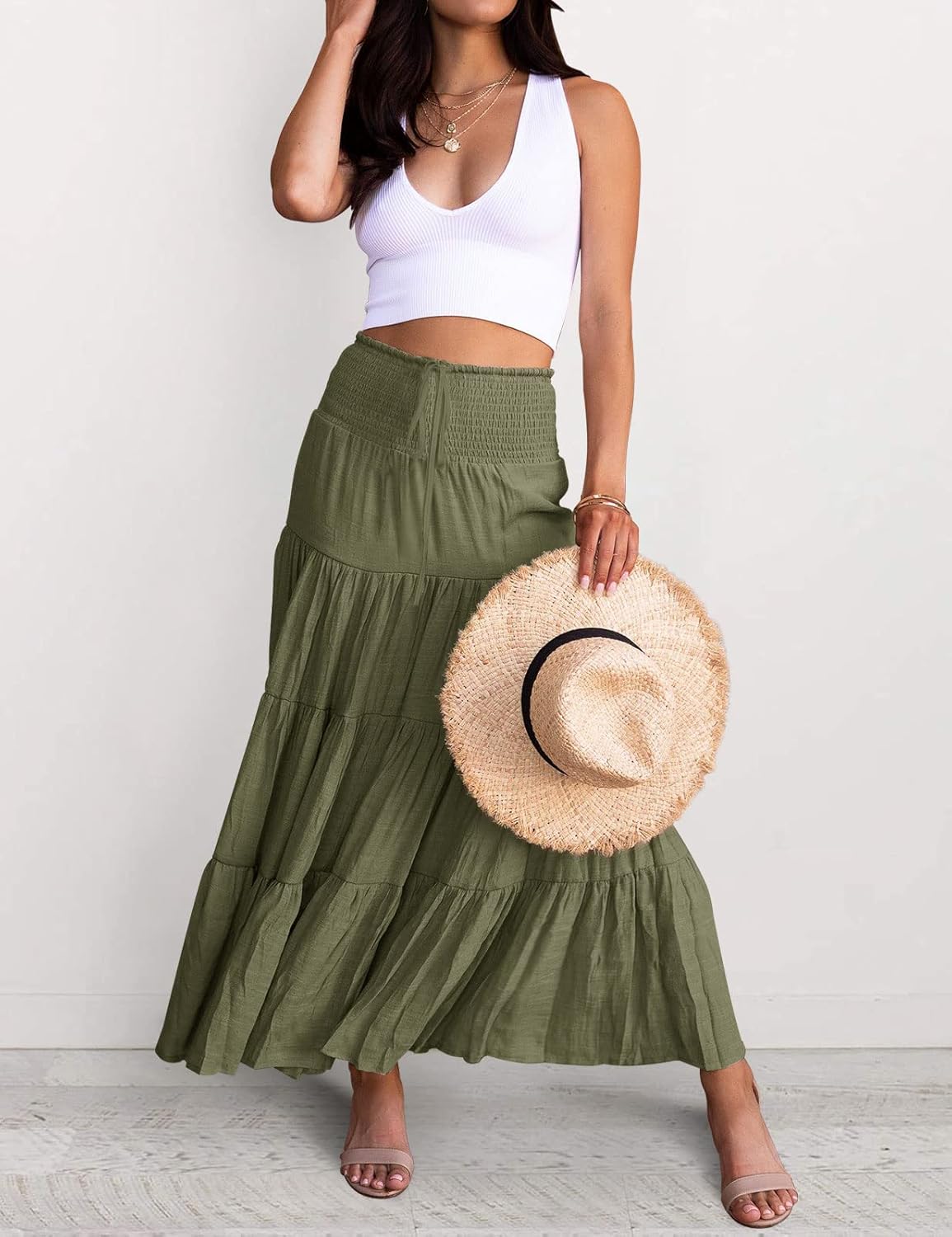 HAEOF Women's Summer Flowy Boho Maxi Skirt Trendy Smocked Waist Ruffle Tiered A Line Casual Beach Long Skirts Midi Dress - Image 2