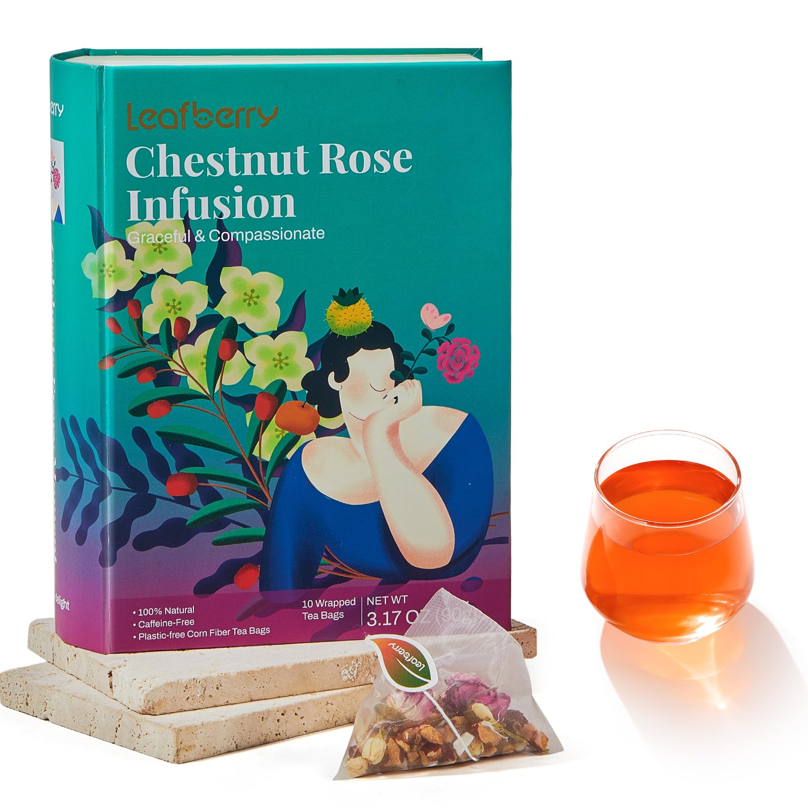 Leafberry Tea Book - Chestnut Rose Energy Tea Bag (Rich in Vitamin C) Decaffeinated Gift Box Tea Bags Gluten Free and All Natural Individually