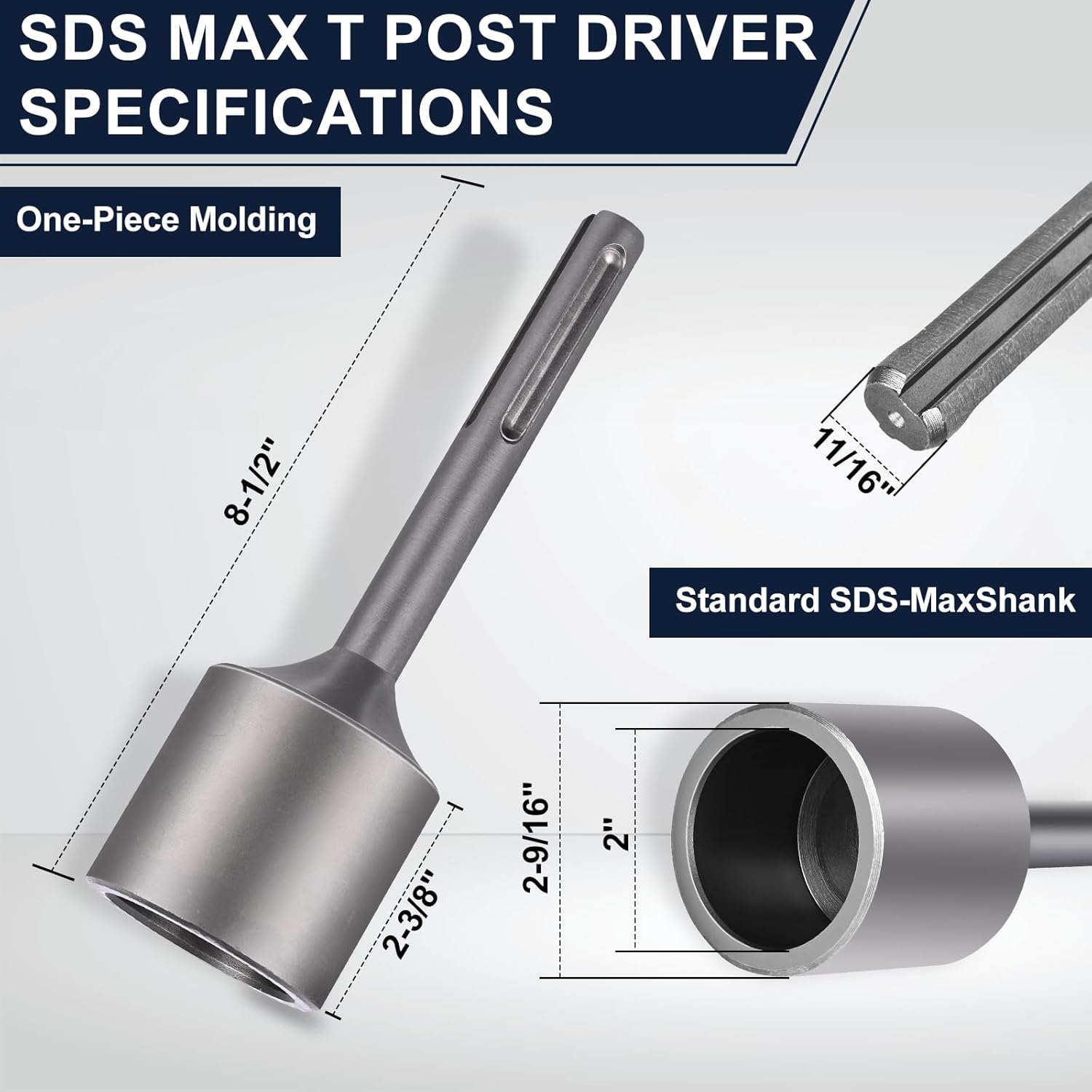 SDS Max Shank T-Post Driver for T Posts, 2 Inch Diameter Head, Compatible with SDS-Max Rotary Hammers and Demolition Hammers, Fence Post Pounder, Fence Posts and Ground Rods