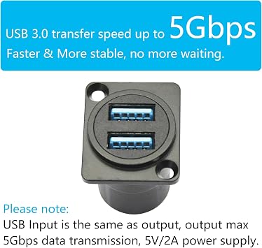 Dual USB 3.0 Panel Mount Connector Adapter D-Type USB Female to Female Through Socket with Installation Screw High Speed 5Gbps Data Transfer