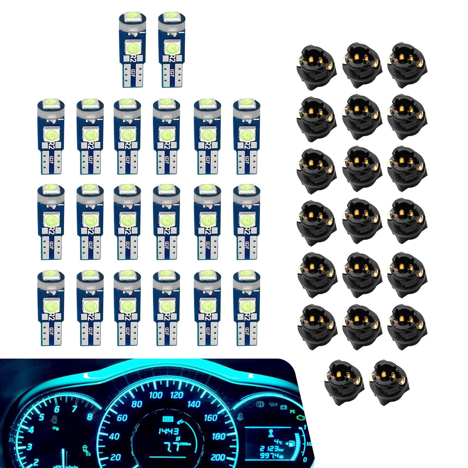 20PCS T5 74 LED Bulb Dash Lights, Super Bright 3030 SMD Instrument Cluster Gauge Lamp, 37 Wedge Bulbs with PC74 PC37 Twist Lock Socket, for Car Dashboard Panel Gauge Indicator (Blue)