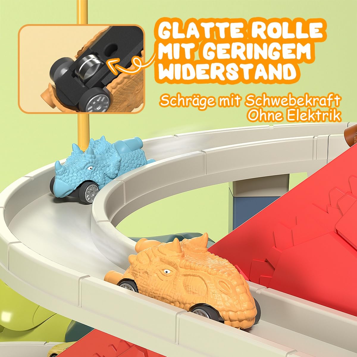 Dinosaurier Spielzeug Rennstrecken Spielset mit 7 Ebenen 8 Autos, Autorennbahn Parkhaus Garage City Streckenset Autobahn für Kinder ab 3 4 5 6 Jahren