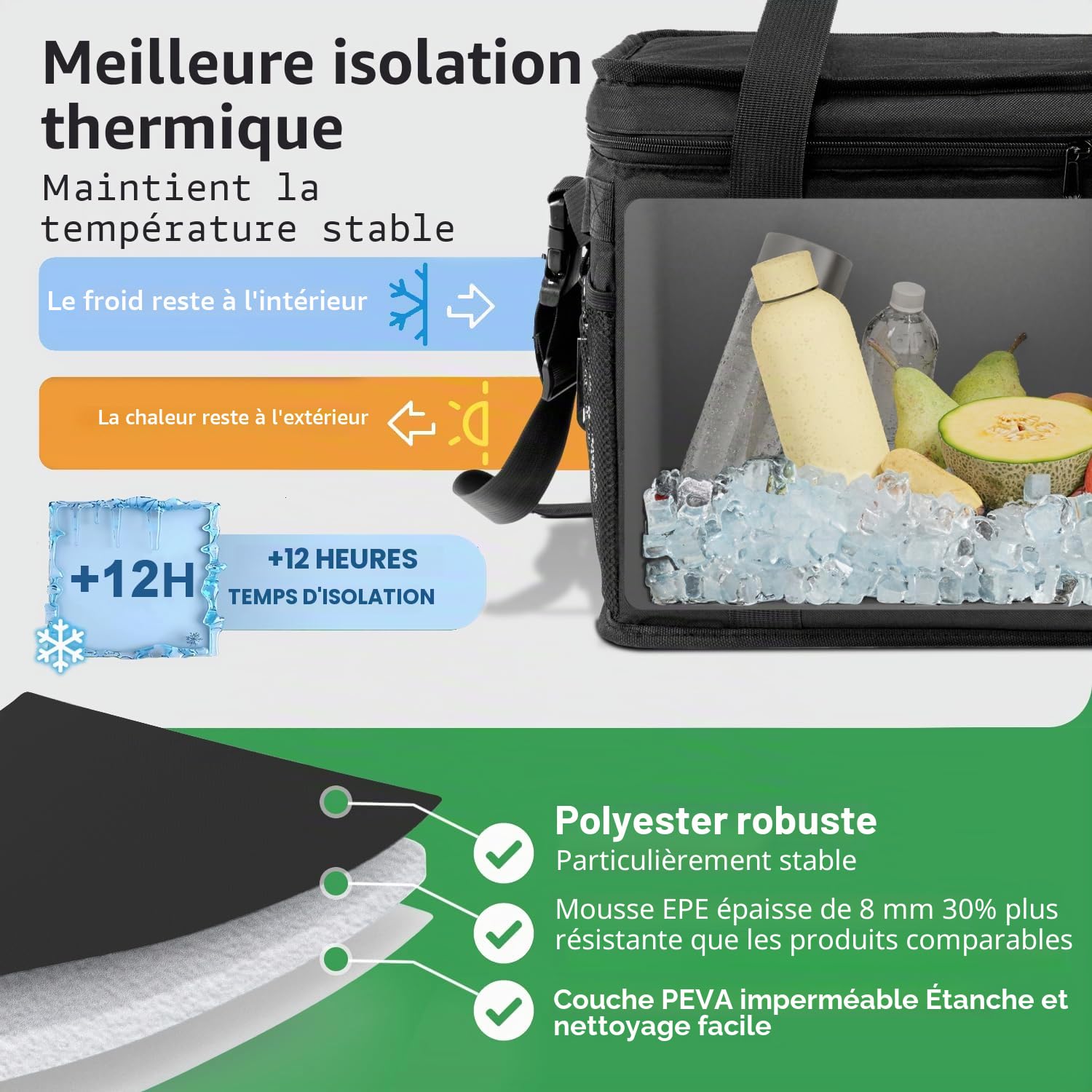 Cottara® Grand sac isotherme avec isolation anti-fuite 30 l – Sac isotherme pliable grand pour le shopping et le pique-nique – Sac de courses idéal, sac isotherme, sac de pique-nique