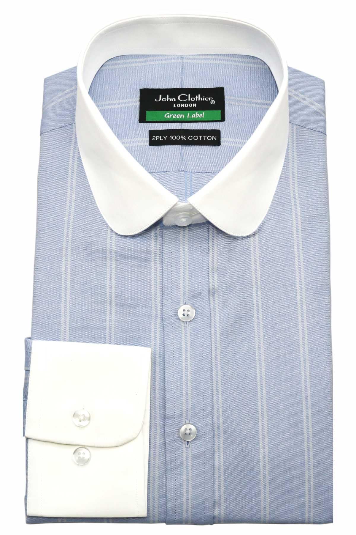 John ClothierMen's Sky Blue White Oxford Wide Stripes 100% Cotton Shirt Penny Club Collar Bankers Office Formal Wear 500-09