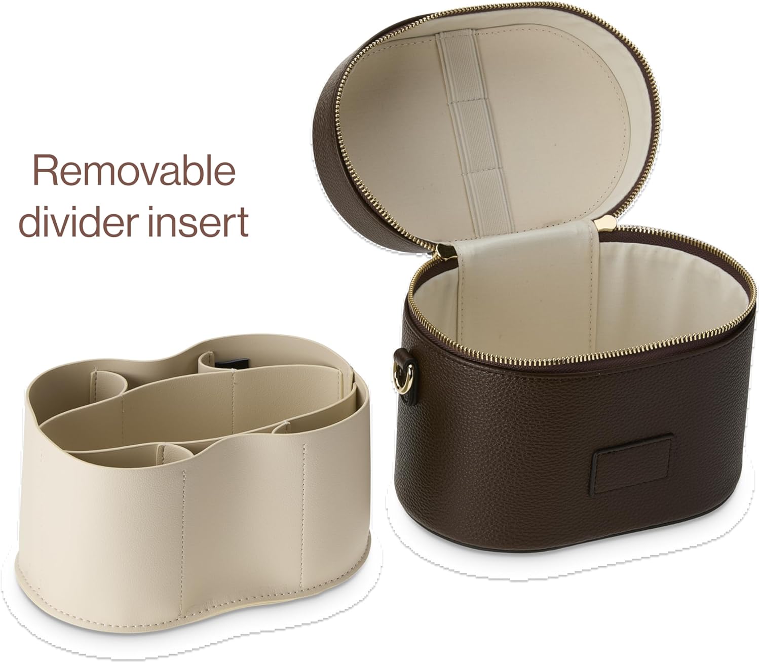 ETOILE - Oval Toiletry Case Espresso - Travel Makeup Bag Organizer with Shoulder Strap and Removable Divider