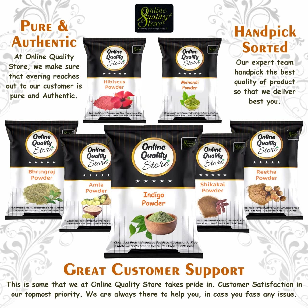 Online Quality Store Reetha (100g) + Amla (100g) + Shikakai (100g) + Bhringraj (100g) + Hibiscus (100g) + Mehandi (100g) + FREE Indigo (100g) Powder For Hairs, 700g 8 71koO1MNpGL. SL1280