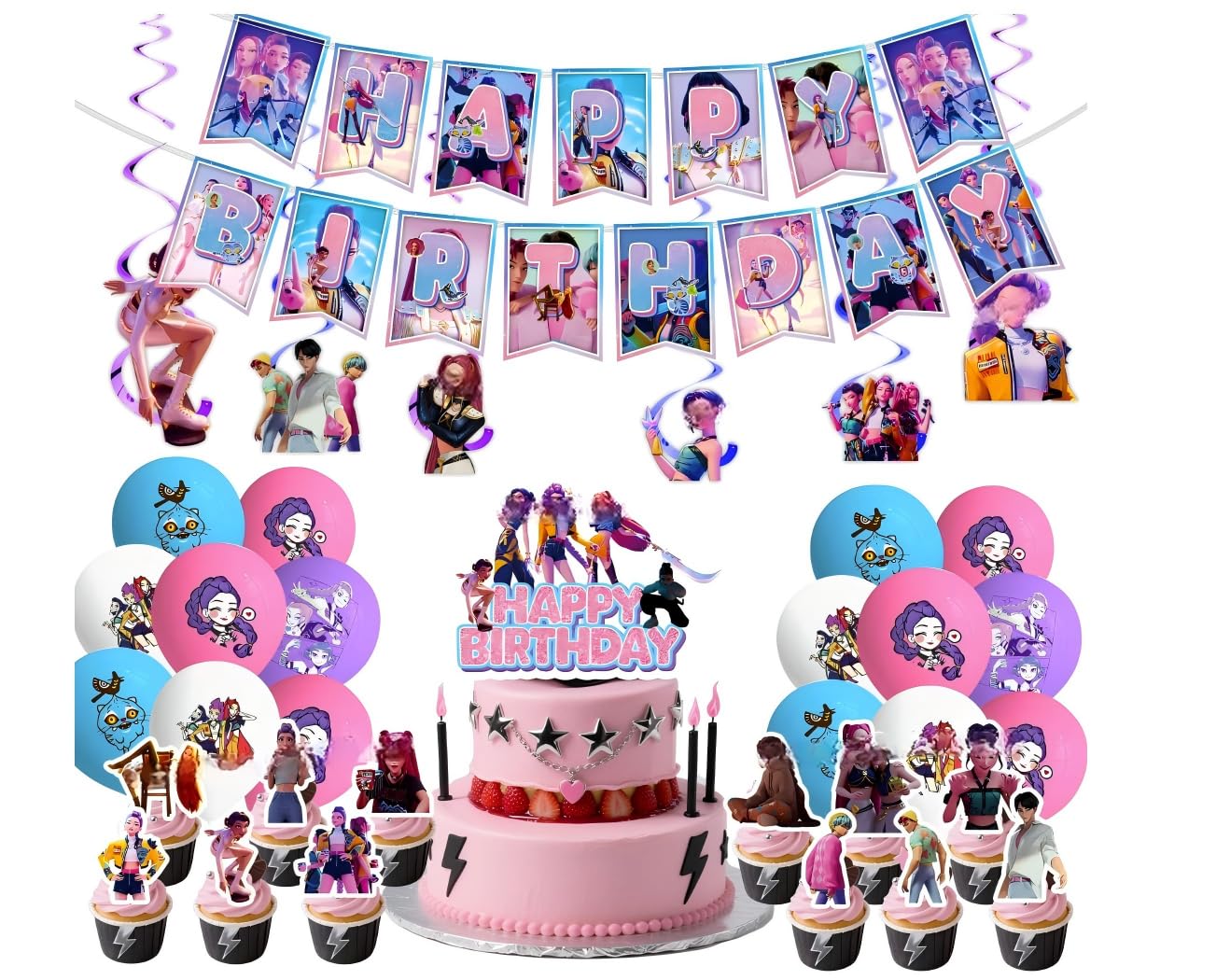 Birthday Decorations For K Pop Demon Hunters party,H_Hunters Party Decorations Kit with Happy Birthday Banner, Balloons, Cake Decorations, Pink for Fans Party Supplies WWR