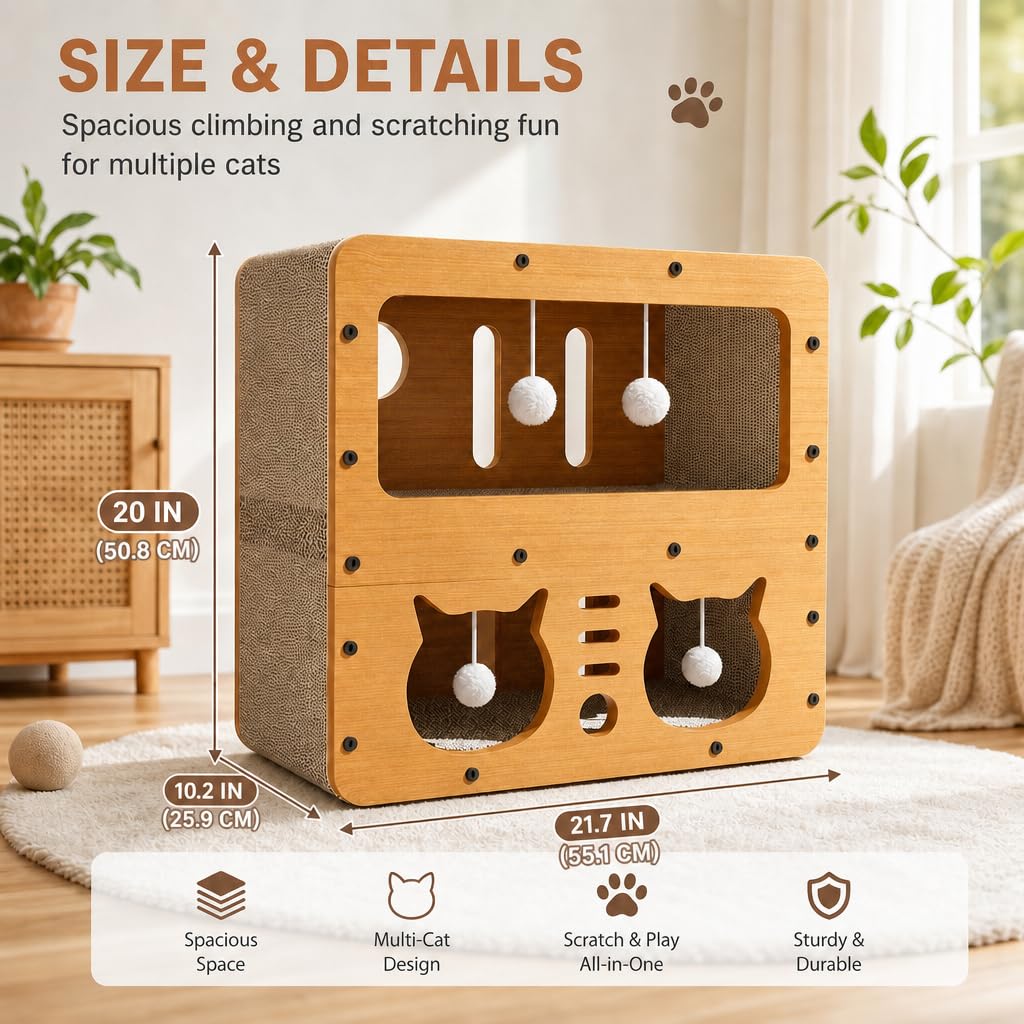 Casa tiragraffi in cartone a 2 piani, per interni, con tavola tiragraffi e palla sospesa, mobili per gatti multifunzione per giocare, riposare, dormire, 45 x 28 x 51 cm