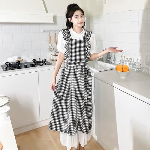 Miniatura 5 de TALIBSA Vestido de delantal a cuadros, delantal de lino de algodón japonés con espalda cruzada para mujer con bolsillos, vestido Pinafore con lazos