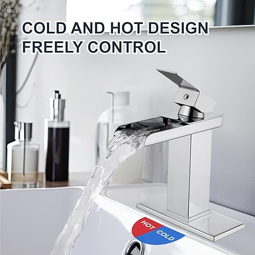 Miniatura 4 de Grifo de cascada, grifo de lavabo de baño de una sola manija de cromo pulido, acero inoxidable con grifo de drenaje desplegable adecuado para baños,