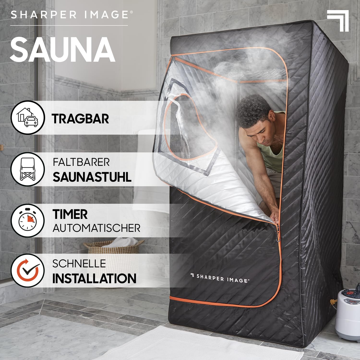 SHARPER IMAGE - Tragbare Sauna - Wellness - Dampfbad - Klappstuhl inklusive - Wärmetherapie - Revitalisiert die Haut - Regeneration - Stressabbau - Wellness - Entspannung | Tragbare Heim-Sauna-Pod für den Innen- und Außenbereich, faltbarer Stuhl und Tempe
