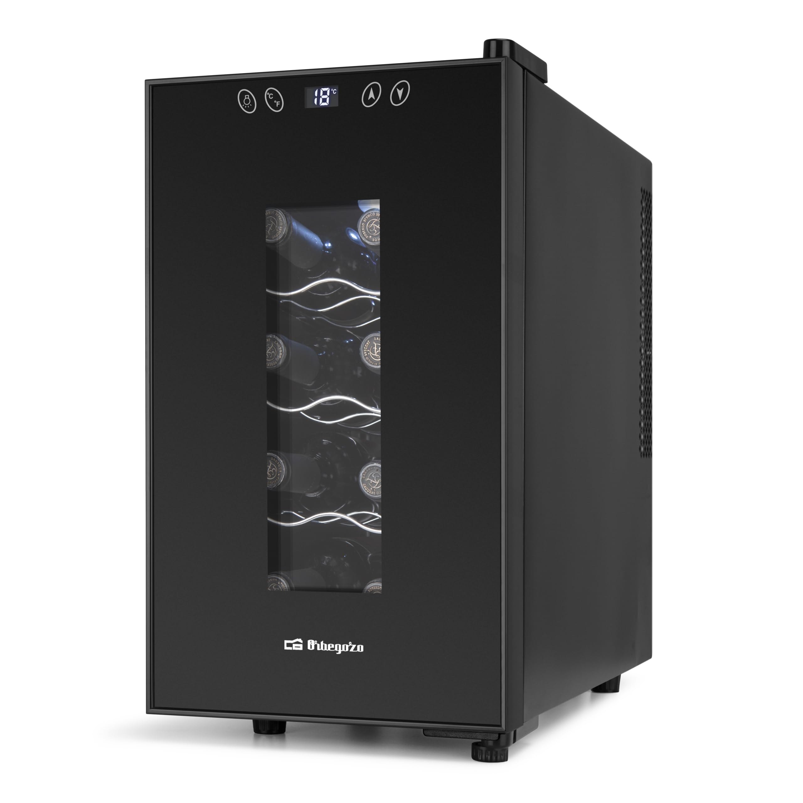 Orbegozo VT 830 Vinoteca de 8 Botellas Volumen 23 Litros Panel Táctil Pantalla Digital Termostato Regulable 11-18°C Luz LED Interior Silenciosa Estantes Cromados 70W