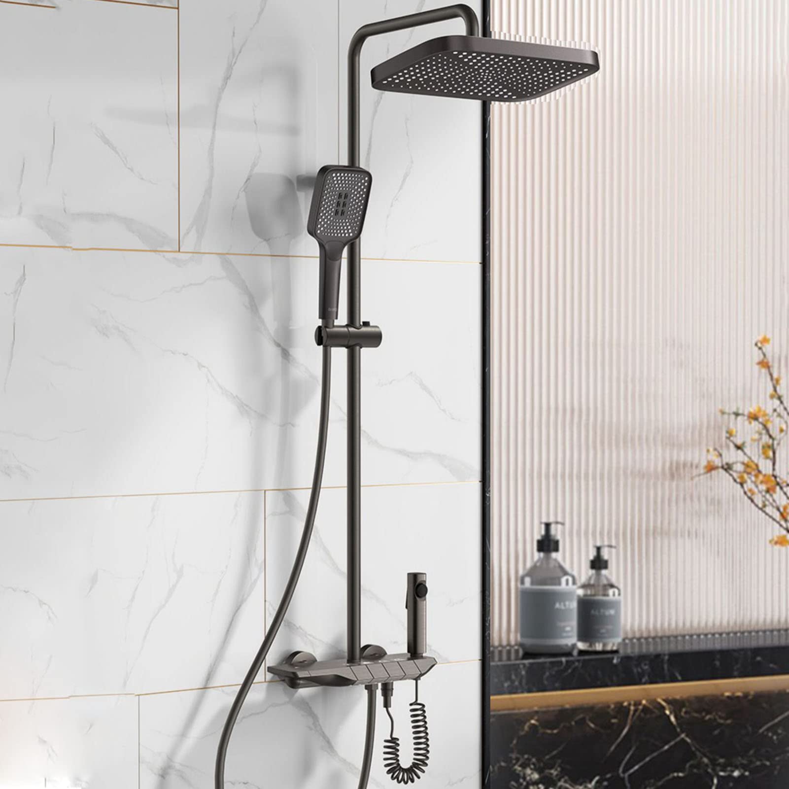 NGDFGR Thermostatic Shower Faucets Sets Complete, Piano Key Shower Valve, Shower Head With Hand Shower, Bidet Shower, Tub Faucet, Exposed Pipe Shower Gun Gray