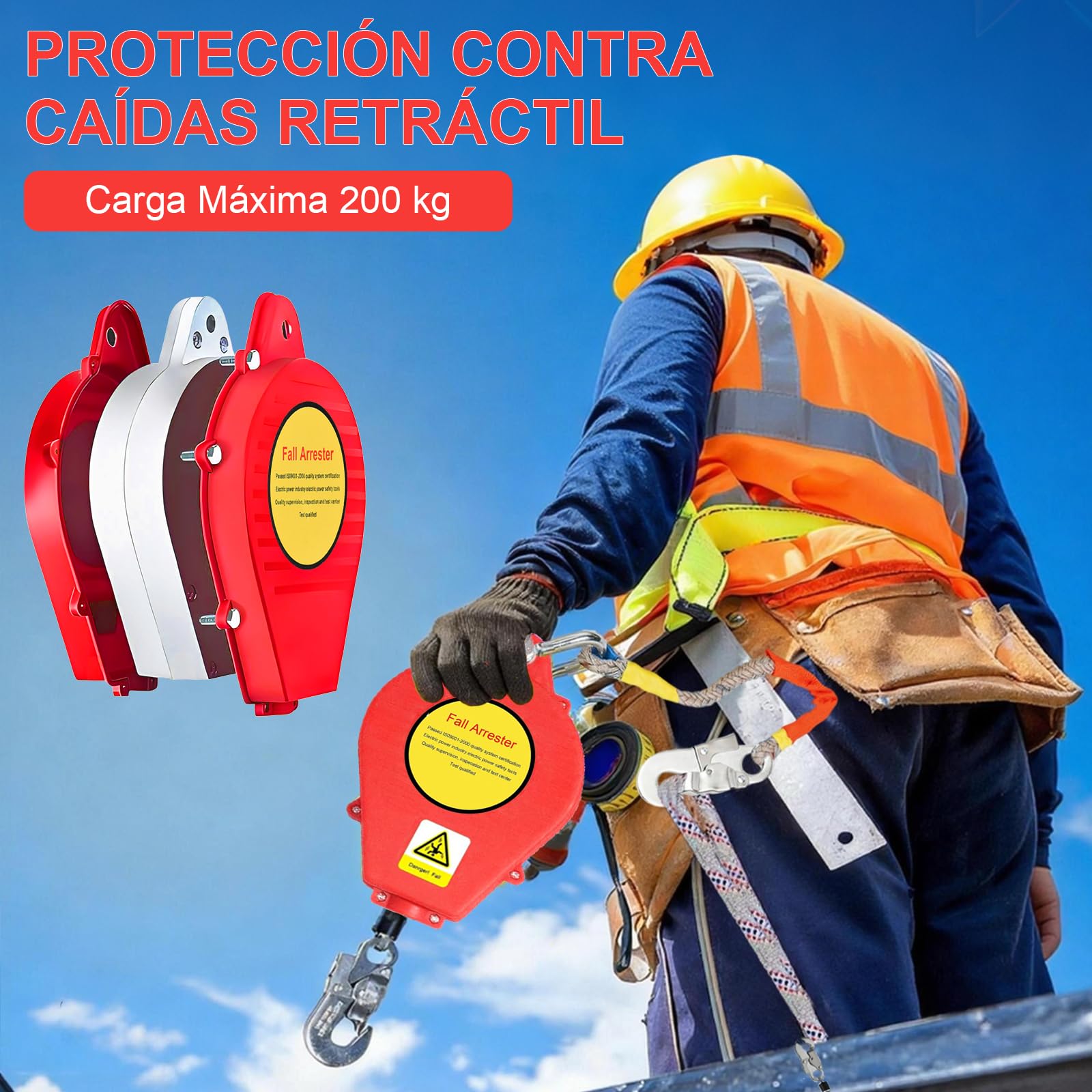 Dispositivo Anticaídas Retráctil, Línea de Vida Tejado con Bloqueo | Cable Acero y Arnés Seguridad Trabajo Altura, Retráctil Anticaída para Tejados Construcción, Sistema Doble Bloqueo, Rojo