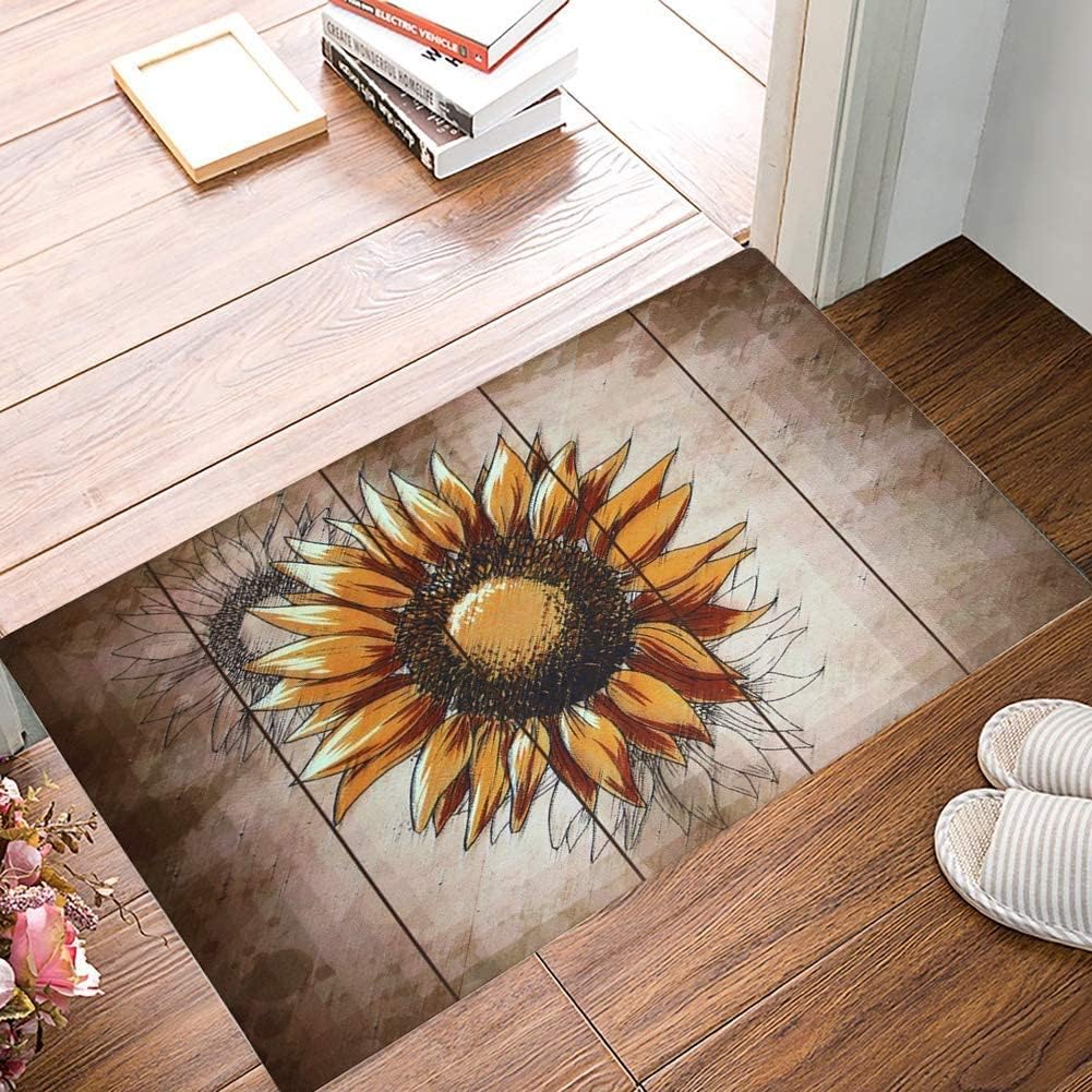 Morning View Rubber Welcome Door Mat Indoor Outdoor Sunflower Front Doormat Decorative Spring Floral Welcome Mats Non Slip Brown Entrance Rugs for Outside Patio Porch Front Door Low Profile 17X29 Inch