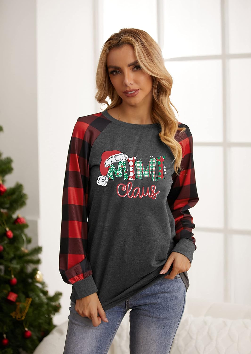 Mimi Claus Christmas Shirt Women Cute Santa Graphic T-Shirt Long Sleeve Raglan Baseball Tee Top - Image 3