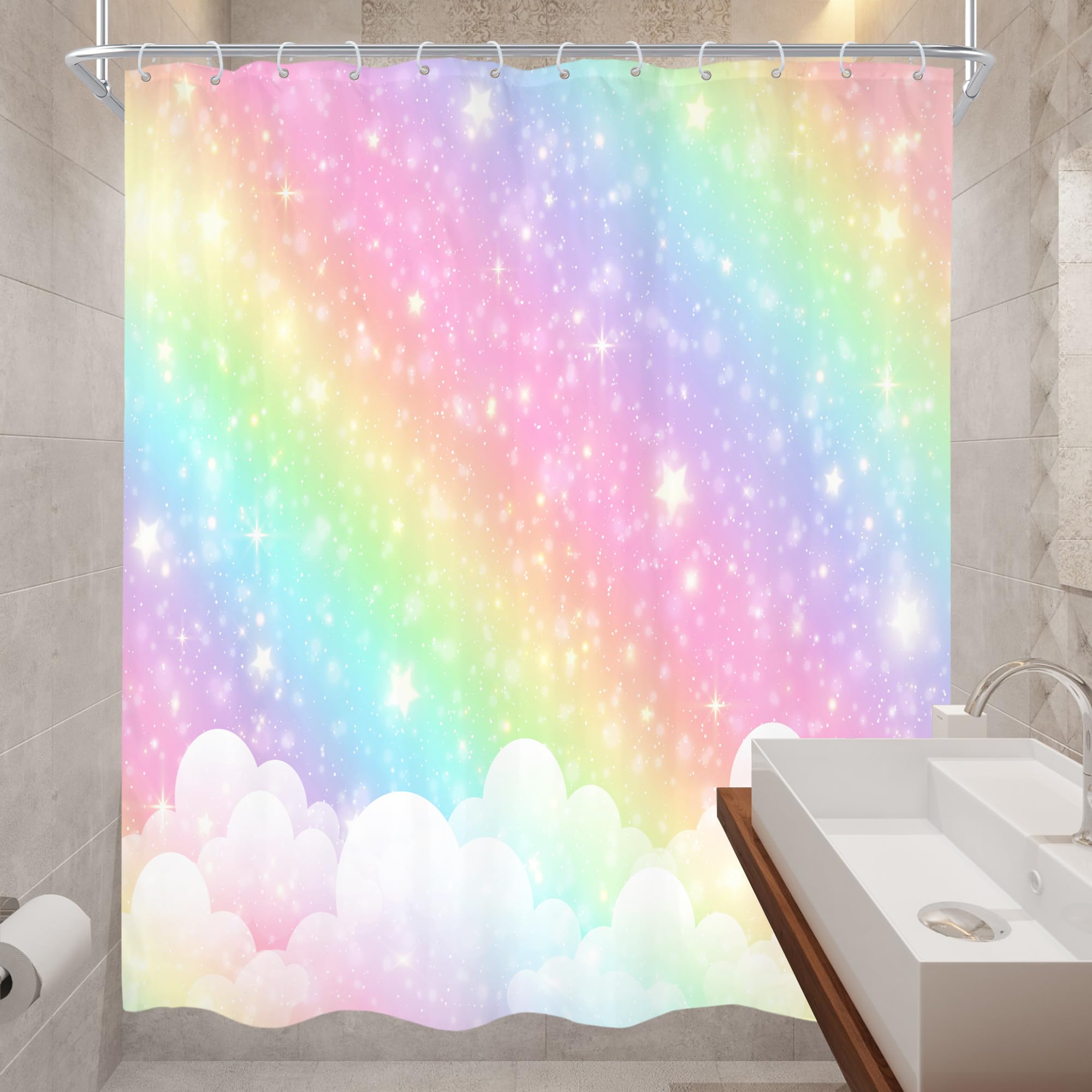 Cortina de ducha infantil arcoíris de 60 pulgadas de ancho x 72 pulgadas de alto, diseño de dibujos animados pastel con nubes y estrellas, juego de cortinas de baño estéticas, de tela,