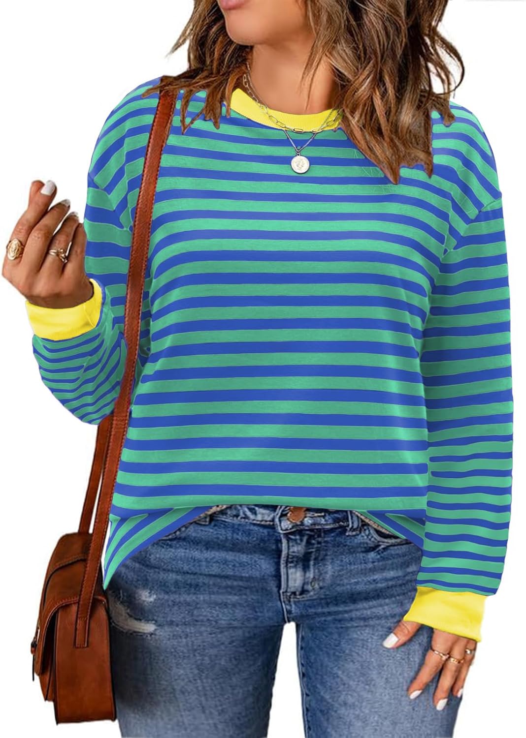 VOGRACE Womens-Plus-Size-Sweatshirts Trendy Striped Color Block Tops Casual Long Sleeve Shirts Cute Oversized Crewneck Tunics
