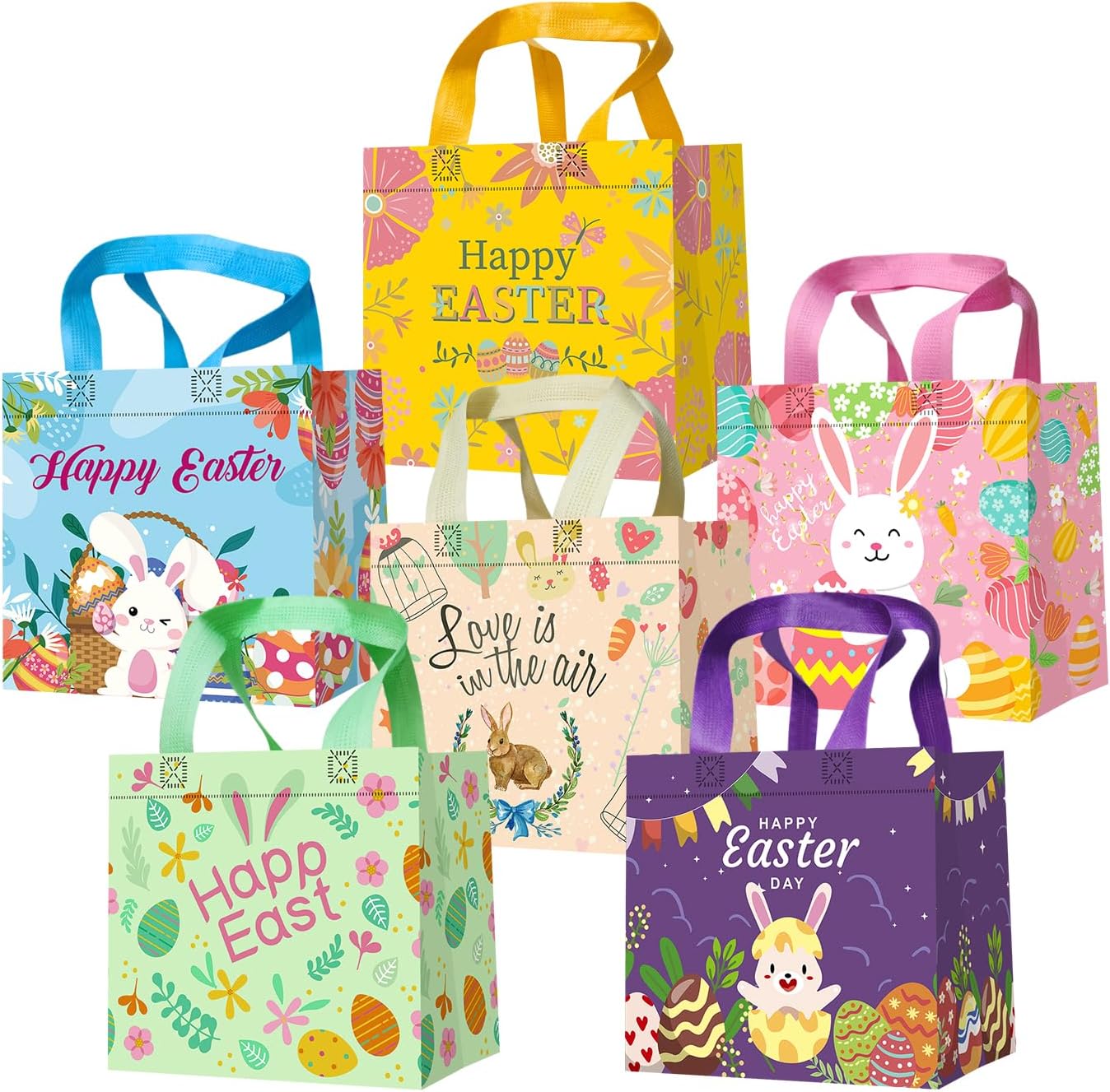DECHISY Easter Bags, 6Pack Reusable Bunny Chick Egg Design, Non-Woven Easter Tote Bags with Handles, Ideal Easter Gift Bags, Easter Egg hunt bags, Fabric Easter Basket 8.3×7.9×5.9inch