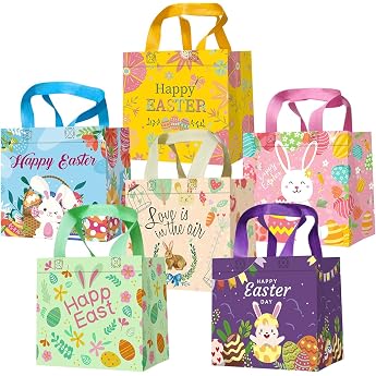 Easter Gift Bags Pack of 6 Reusable Easter Bags with Handle Easter Carrier Bags Made of Non-Woven Fabric with Handles Ideal as Easter Gift Bags & Easter Egg Hunt Bags Fabric Easter Bag