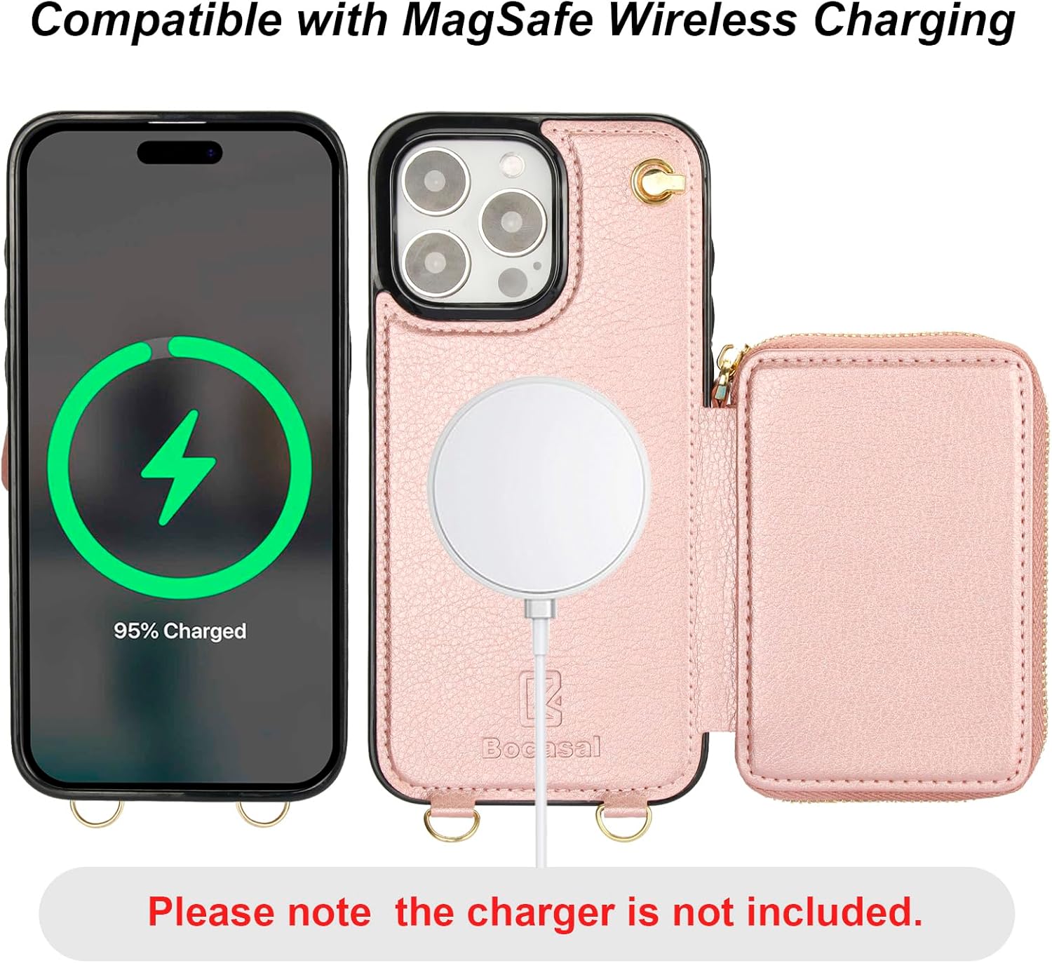 Bocasal for MagSafe Crossbody Wallet Case Compatible with iPhone 15 Pro Max, RFID Blocking Protective Purse Case with Card Slots Holder Kickstand Wrist Strap Lanyard Zipper 6.7 Inch 5G (Rose Gold)