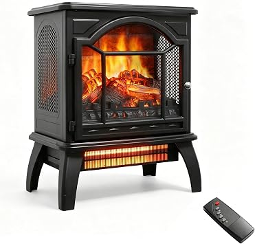 18 Electric Fireplace Stove, 1500W Freestanding Infrared Quartz Heater with 3D Realistic Flame, Remote & Timer, Adjustable Thermostat, Brightness, CSA Listed, Black