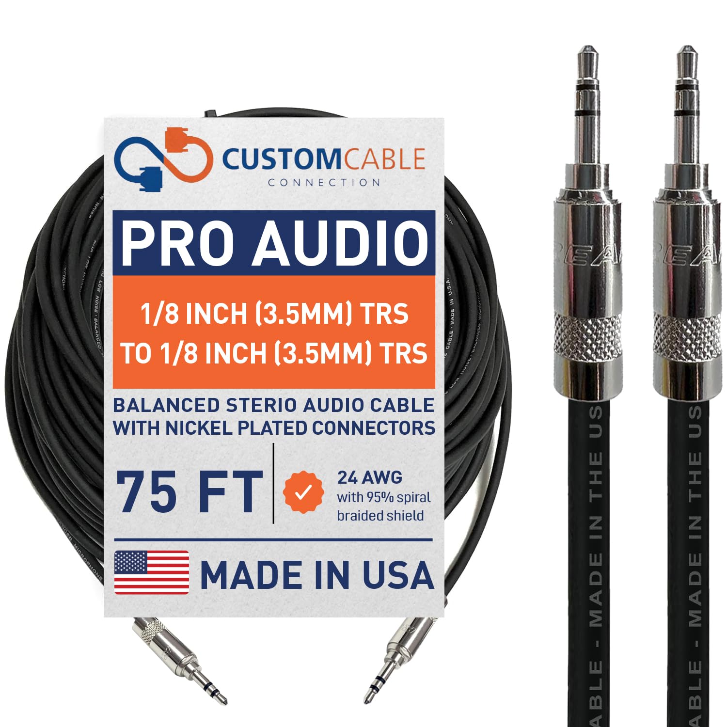 Custom Cable Connection 75 Foot Pro Audio 1/8 inch (3.5mm) TRS to 1/8 inch (3.5mm) TRS Balanced Cable