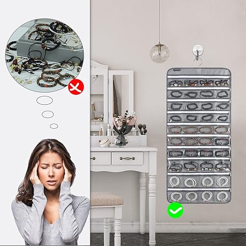 Vista 4 de Organizador de joyas colgante con 80 bolsillos con cremallera para guardar joyas, soporte de exhibición de accesorios de doble cara para aretes