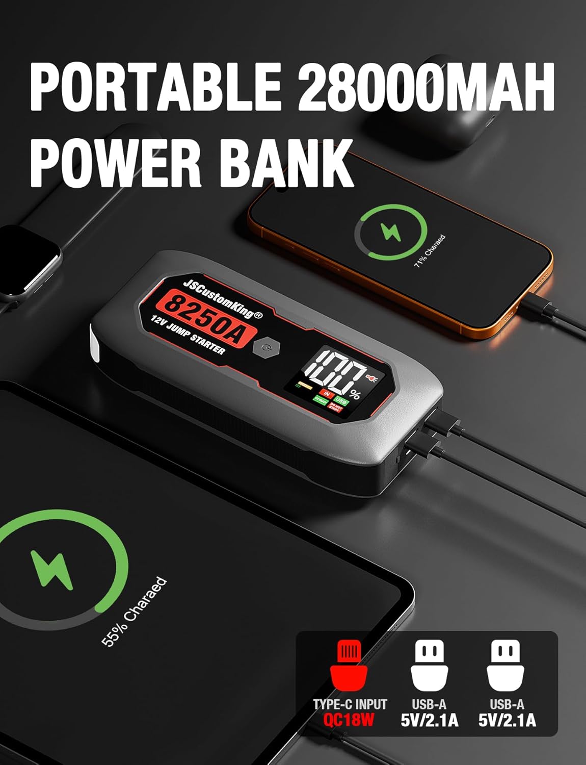 8250A Jump Starter Battery Jump Starter Battery Pack (for All Gas or 10.0+L Diesel), 12V Potable Heavy Duty Car Jump Start with 3.2 inch HD Screen, 2 USB Power Bank 48-Months Stand-by Time - Image 8