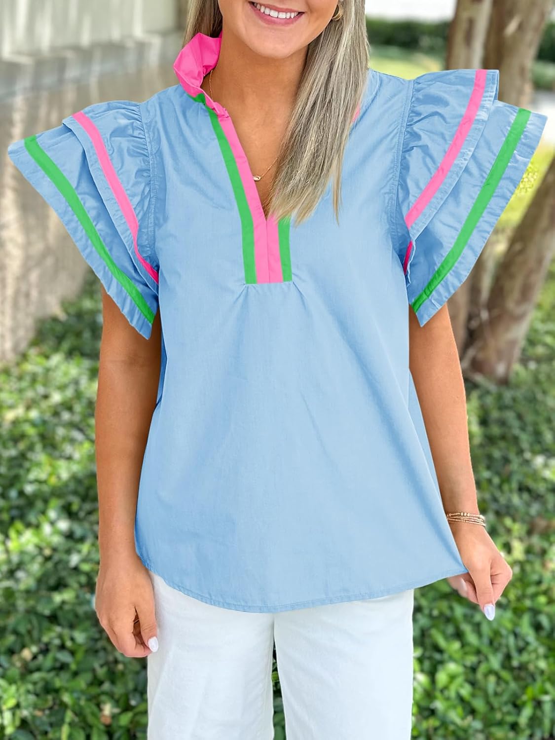 Cicy Bell Womens Ruffle Cap Sleeve Tops Color Block V Neck Dressy Casual Blouses Summer Pleated Loose Fit Shirts - Image 4