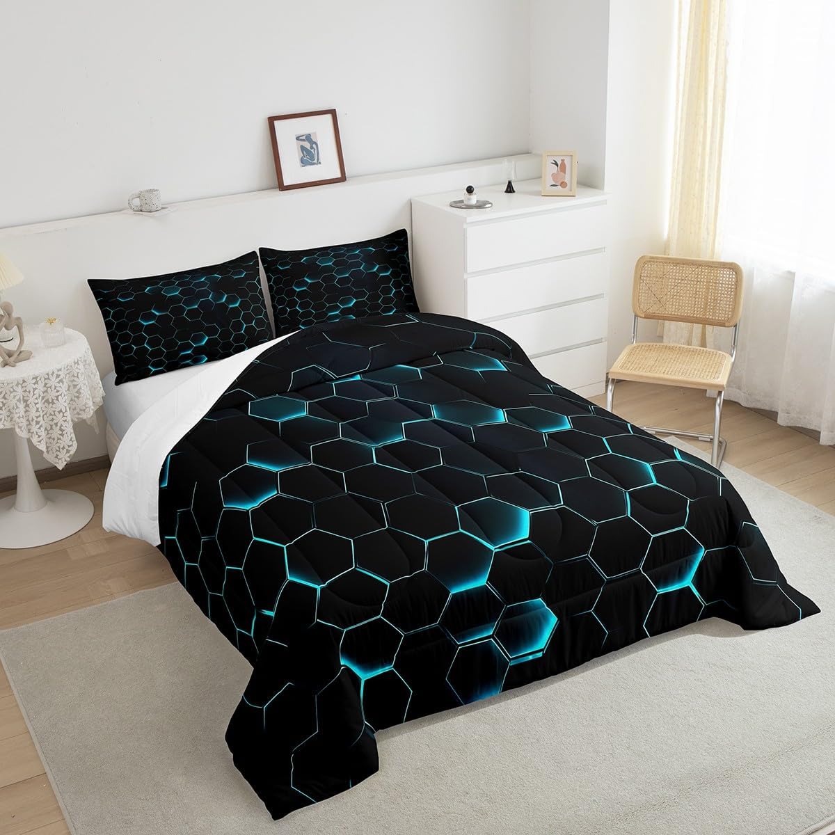 Geometric Comforter Set,Geometric Honeycomb Bedding Set for Kids Girls Women,Adults Hexagon Comforter,Teal Neon Quilted Duvet Set Bedroom Collection Twin Size 2Pcs