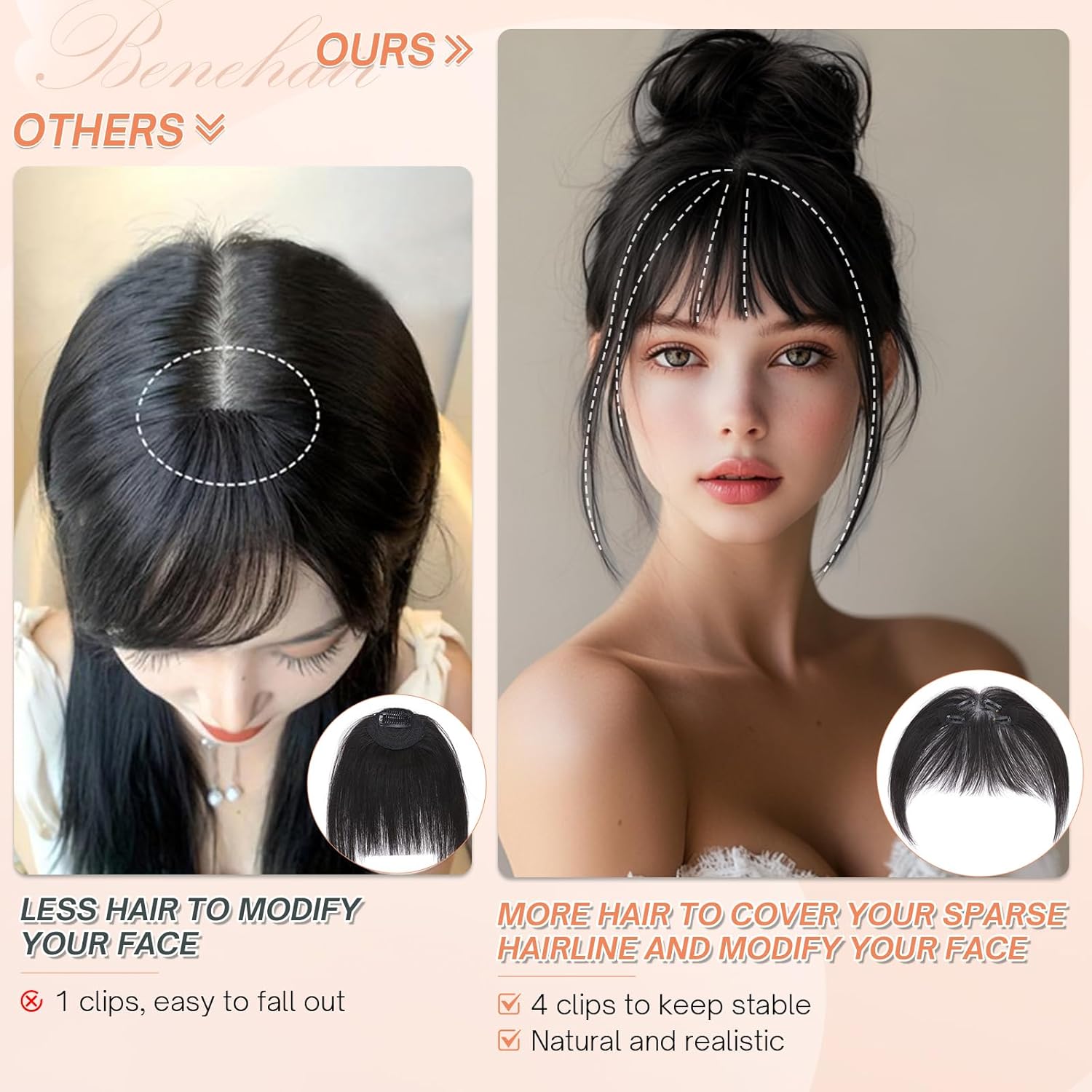 Benehair Clip on Bangs for Women Human Hair, Fake Bangs Clip Human hair, French Bangs Clip in Hair Extensions Hair Pieces with Temples for Daily Wear (Natural Black)