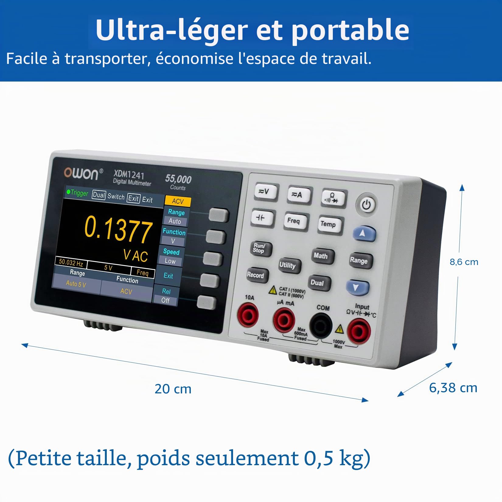OWON XDM1241 Multimètre de banc portable avec 3,5 pouces 55 000 points True RMS Ultra léger Avec alimentation par batterie au lithium Mesure sur site Multi-testeur numérique pour laboratoires, usines