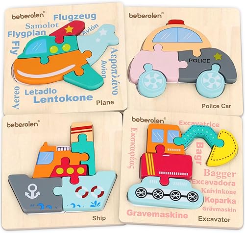 Rompecabezas de madera para niños pequeños de 1 a 3 años con forma de vehículo, rompecabezas grueso Montessori de madera, juguete Montessori de 2 a