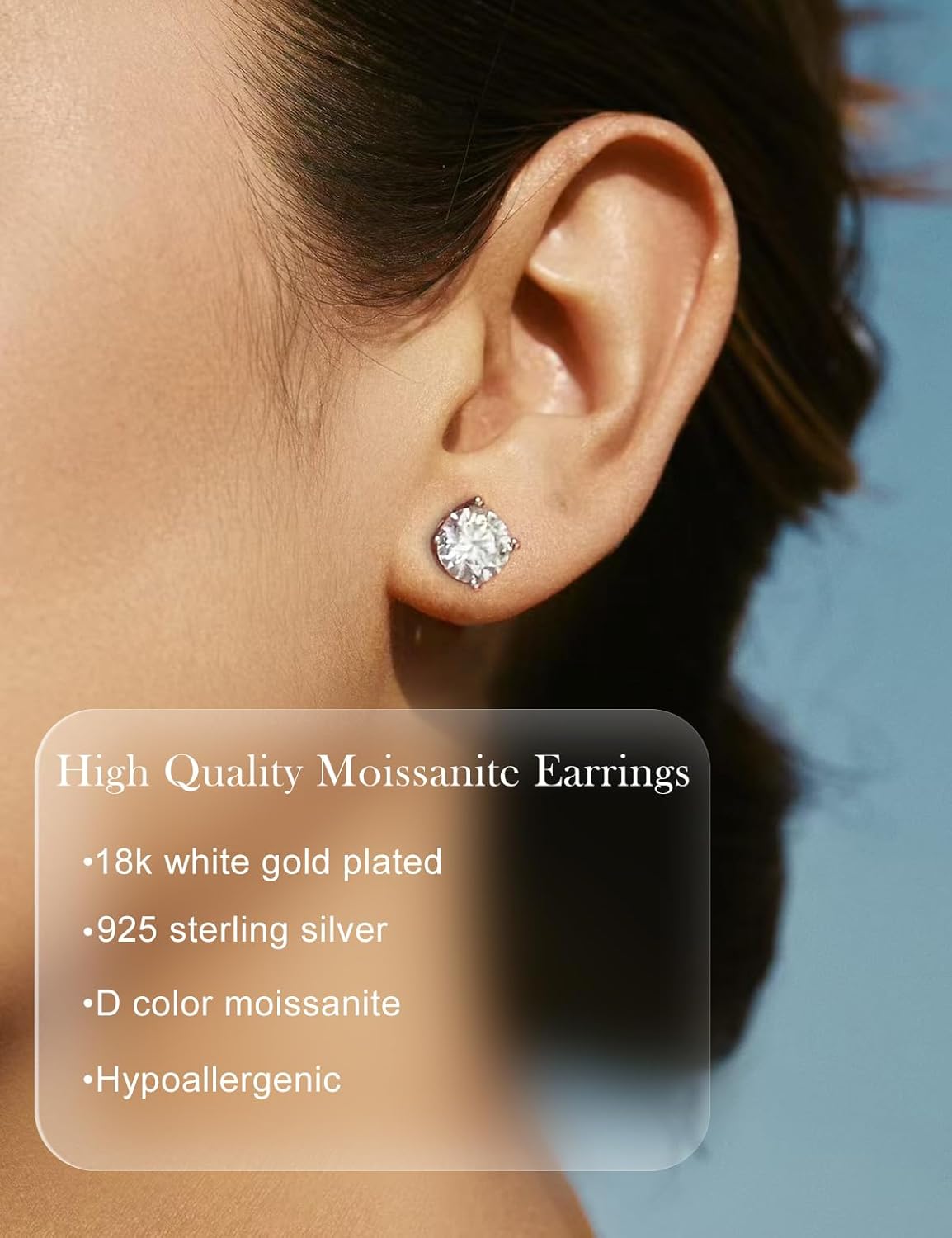 Moissanite Stud Earrings 18K White Gold Plated Sterling Silver Stud Earrings for Women Men Hypoallergenic Round Cut D Color VVS1 Clarity Lab Created Simulated Diamond Earrings 0.3-2ct Screw Back Push Back - Image 2