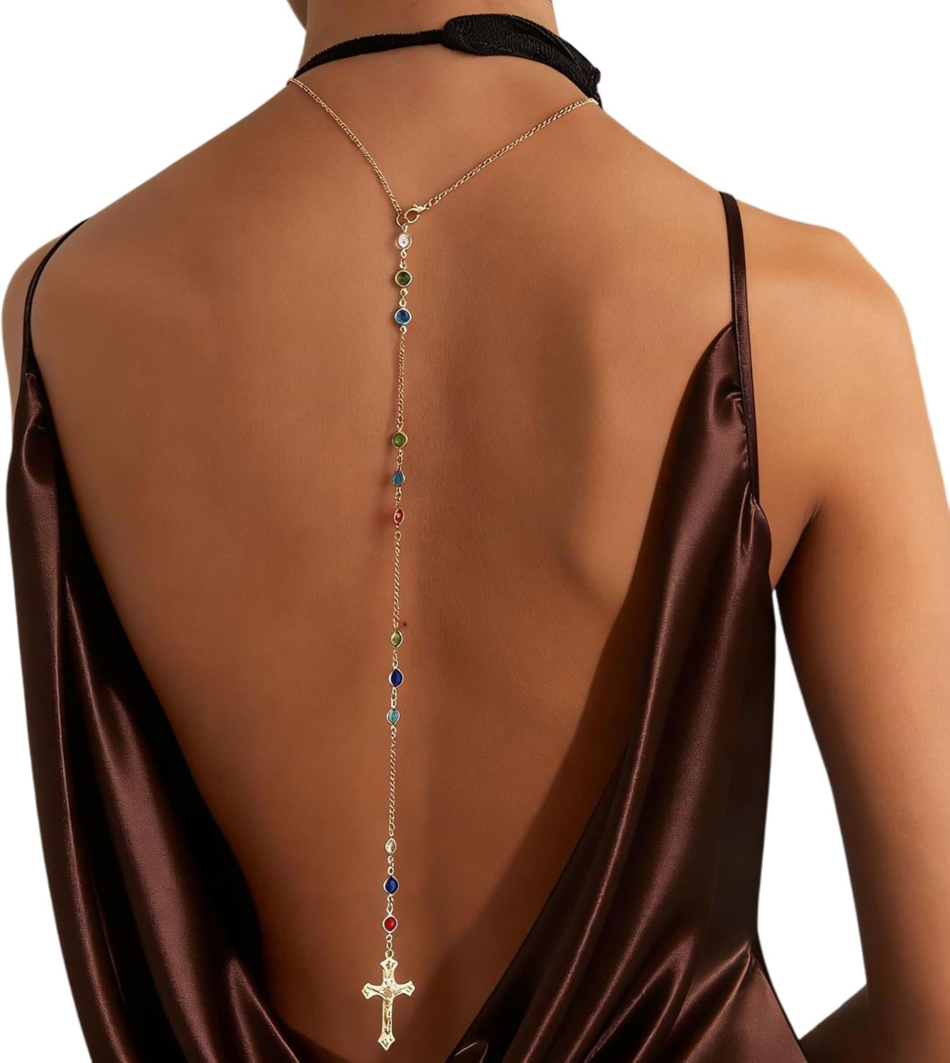 Gold Cross Back Necklace for Women, Dainty Colorful Crystal Y-Shaped Backdrop Chain, Open Back Dress Body Chain Jewelry for Wedding Prom Party