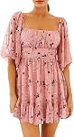 Senllen Women's Lantern Sleeve Tie Back Dress Ruffled Off The Shoulder A-Line Summer Mini Dress