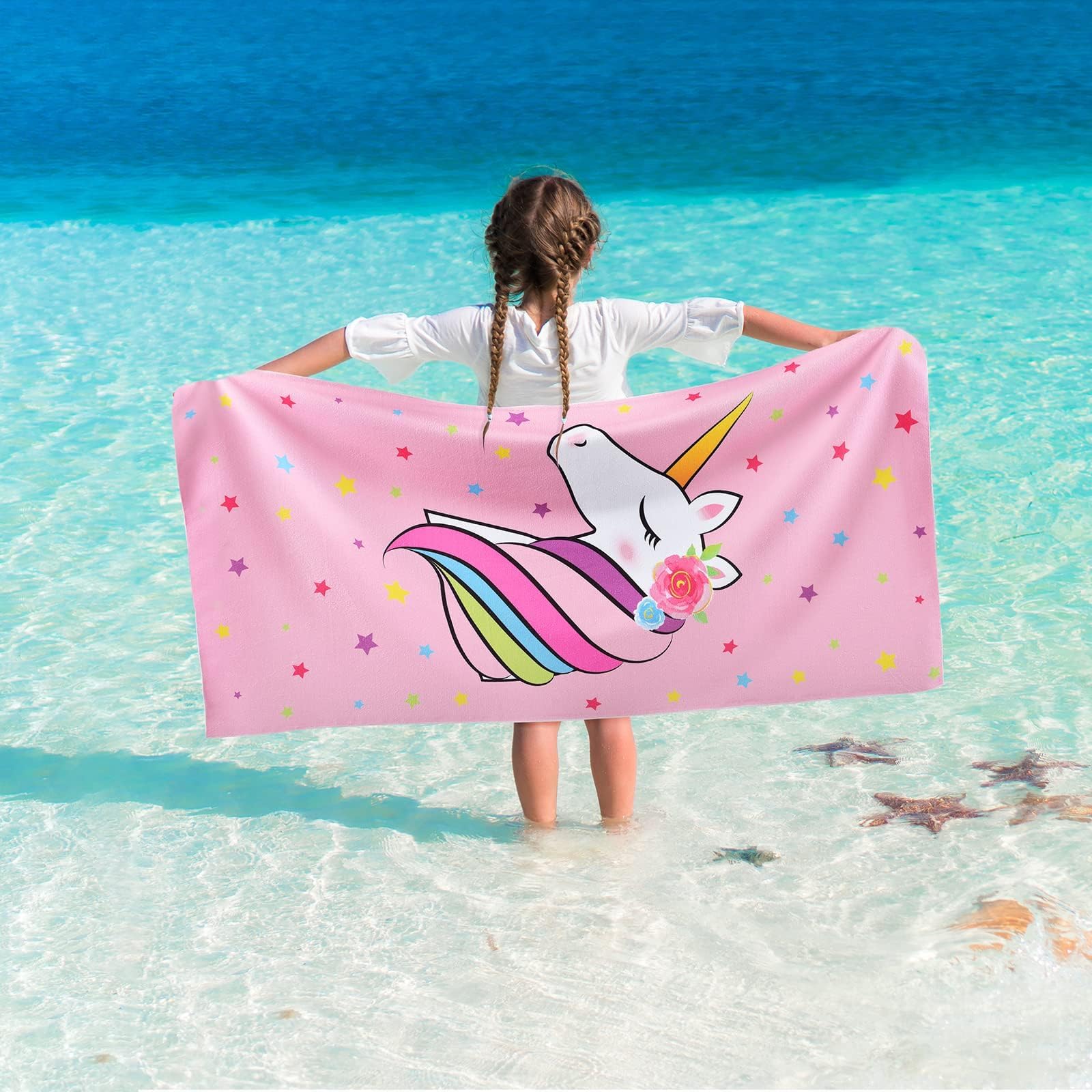 Unicorn Kids Beach Towel for Girls - 30” x 60” Pink Pool Swimming Towels Personalized Beach Towels for Girls Kids Quick Dry Ultra Absorbent Super Soft
