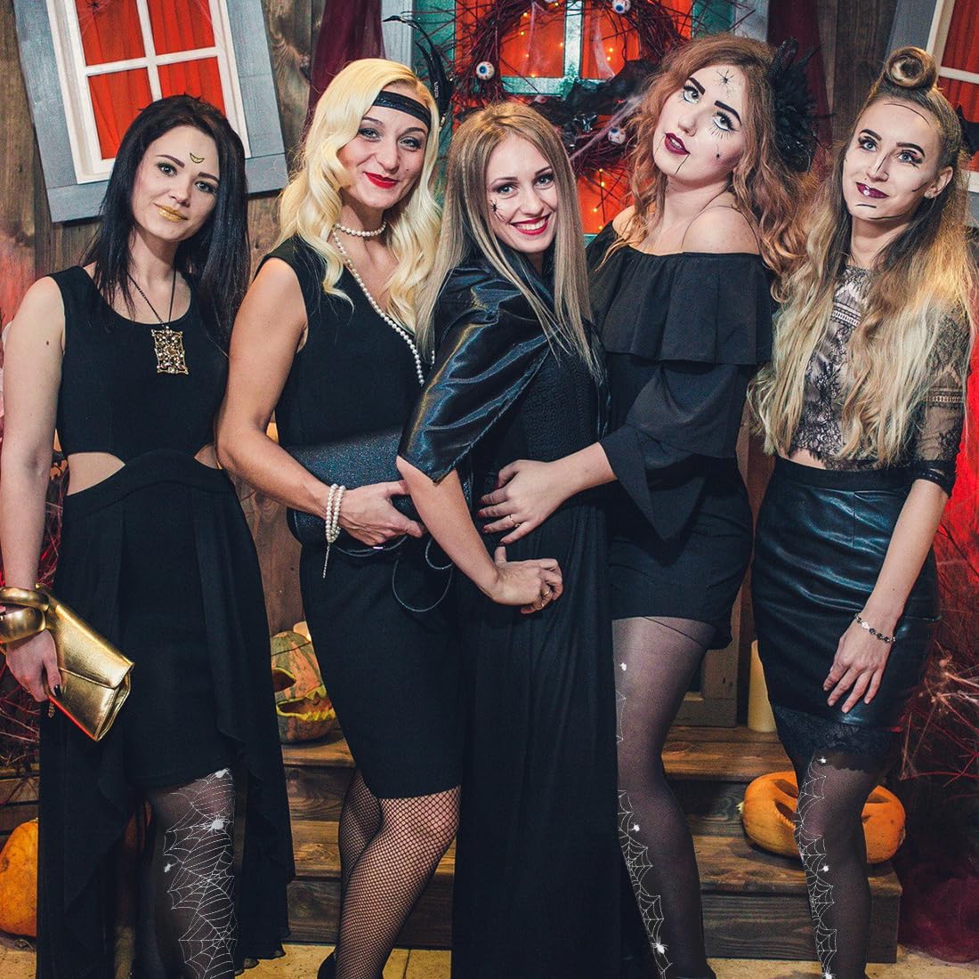 Augesak Rajstopy damskie pajęczyny, błyszczące rajstopy pajęczyny, czarne wzory, seksowne rajstopy, wzór pająka, kostium pająka, na karnawał, imprezę tematyczną, cosplay