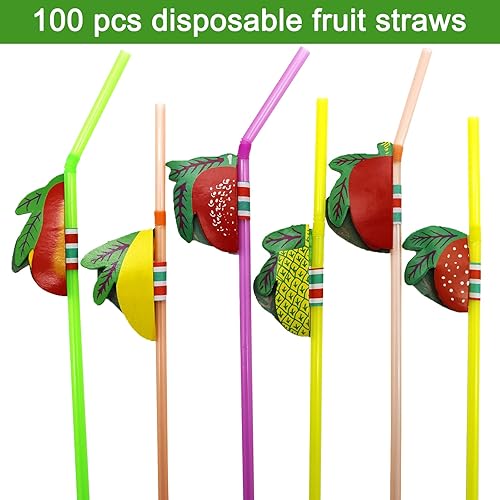 Miniatura 3 de BLUE TOP Pajitas de frutas tropicales de 9.65 pulgadas, 100 pajitas coloridas con diseño de frutas para cócteles, batidos, jugos, decoración y