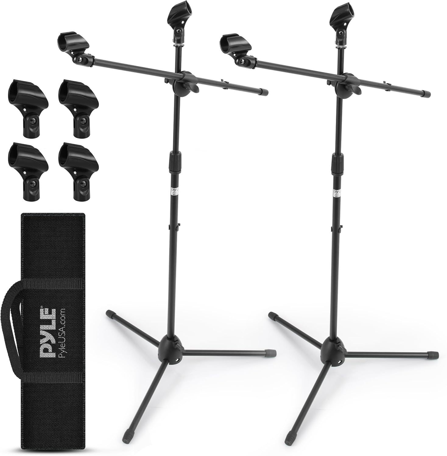 Pyle Universal Adjustable Tripod Microphone Stand - Pair of Heavy Duty Lightweight Professional Compact Extendable Stage Studio Floor Standing Boom Mic Holder w/ Carry Bag, 5/8" Adapter - PMKSKT35