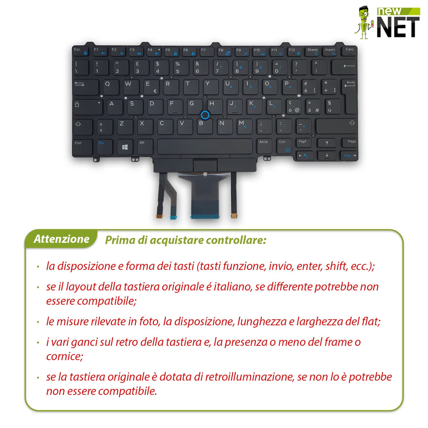 new net - Keyboards - Tastiera ITALIANA compatibile con Notebook Dell Latitude E5450 E5470 E5490 E7470 E7450 5480 5488 5490 3340 3350 [ Senza frame - Retroilluminata - LAYOUT ITA ]