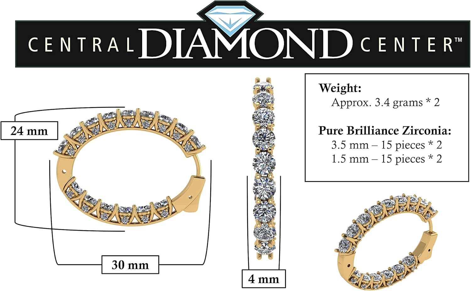 Central Diamond Center Zsa Zsa Oval or Round Hoop Earrings Solid 925 Sterling Silver w/Pure Brilliance Zirconia, Simulated Diamond Hoops - Image 2