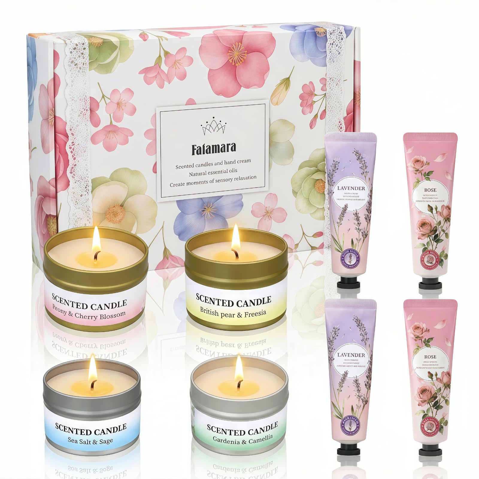 Fafamara Candles Gifts Set, Hand Cream Gift Set, 4Pcs Scented Soy Candles and 4Pcs Nourishing Hand Creams, Aromatherapy Gifts for Women, Gift for Birthday, Mother’s Day, Valentines Day