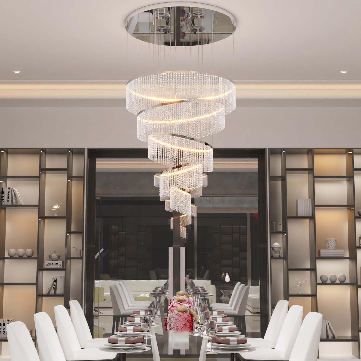 Flashing God Dia 40" Large Crystal Chandelier 5-Tier Modern Crystal Chandeliers, Raindrop Ceiling Chadneleir for Staircase, Entryway, Dining Room, Foyer Silver Pendant Light