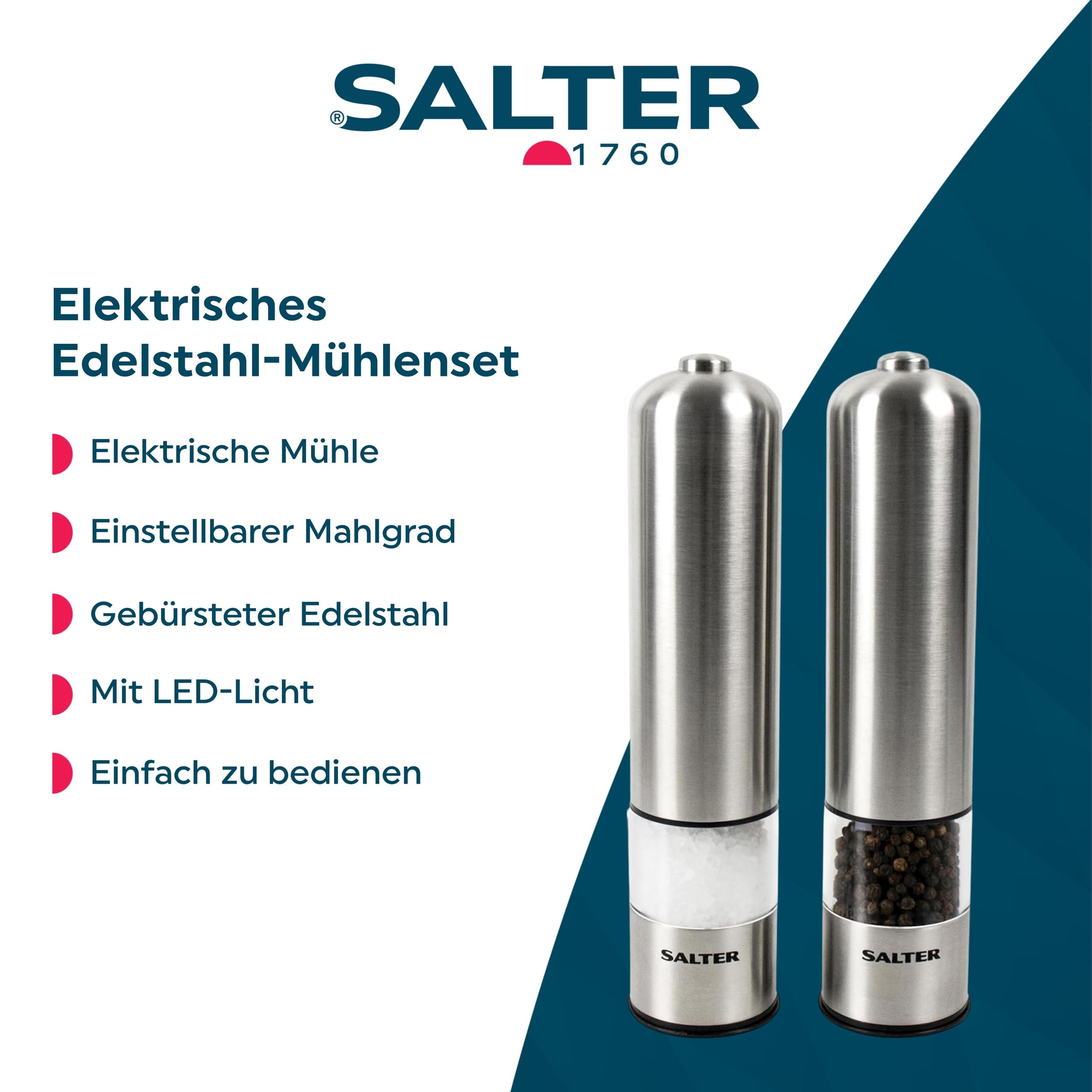 Salter Gewürzmühle Elektrisch 2er Set, Salz und Pfefferstreuer mit LED-Beleuchtung, Edelstahl Gewürzstreuer mit Einstellbarem Mahlwerk, BPA-Frei, 60g/30g Kapazität