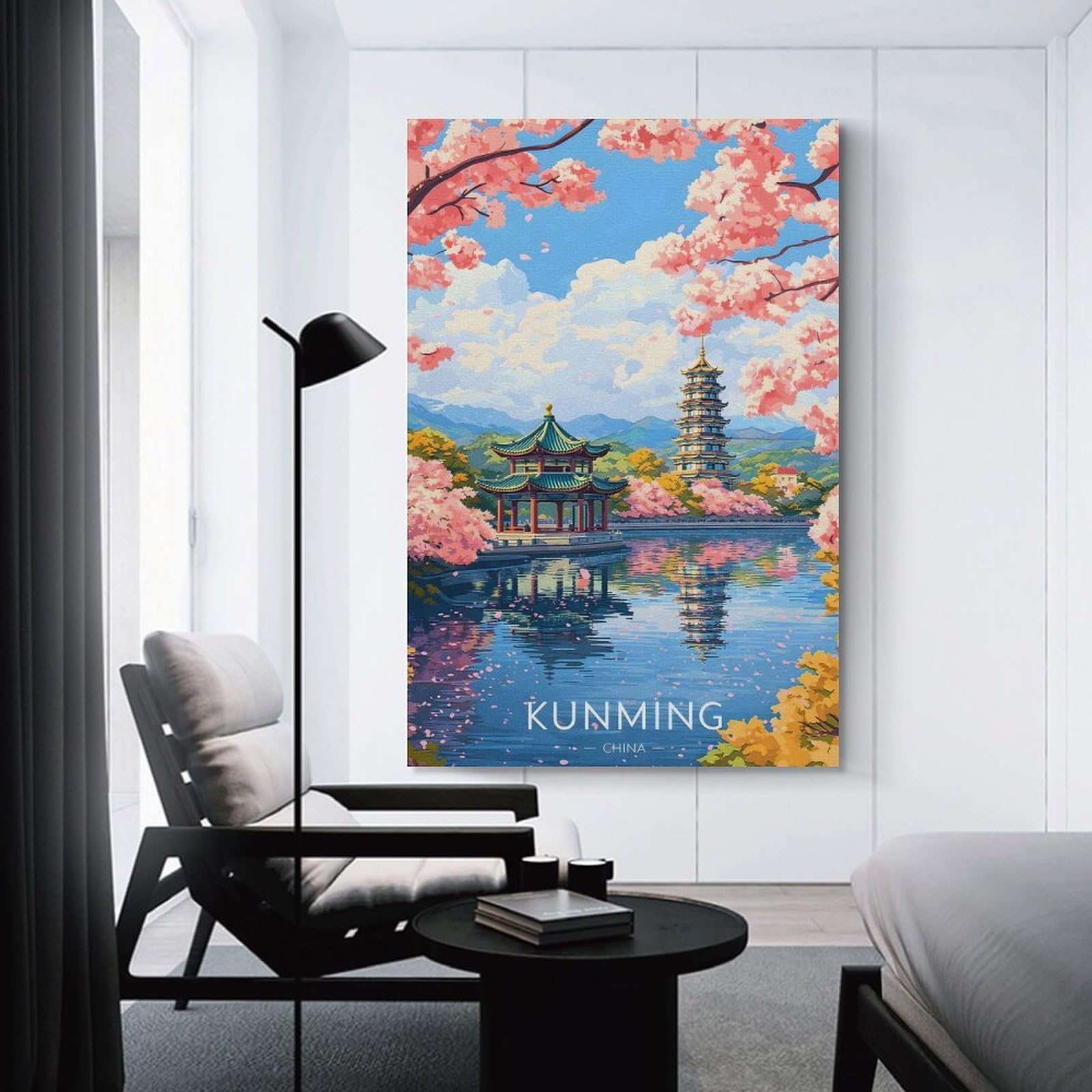 Junmoney Kunming China Cherry Blossom Scenery Canvas Wall Picture, 24x36inch(60x90cm), for Study, Office Or Focused Interiors, Home Office Artwork with Decorative Appeal