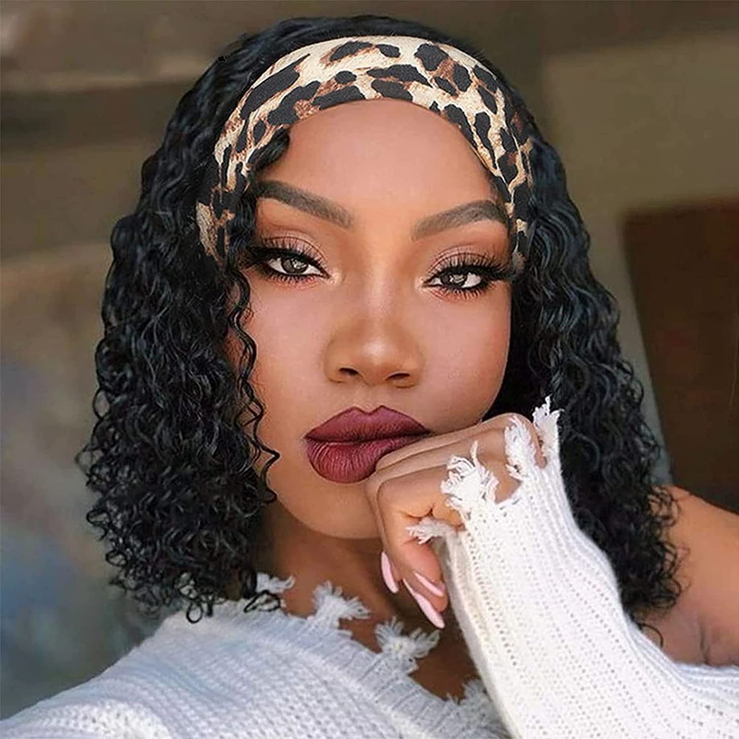 Headband Human Hair Wigs for black Women Deep Curly Short Bob Headband Wigs Glueless Brazilian Virgin Hair None Lace Wigs Natural Black Color Deep Wave Bob Human Hair Wig (10 Inch)